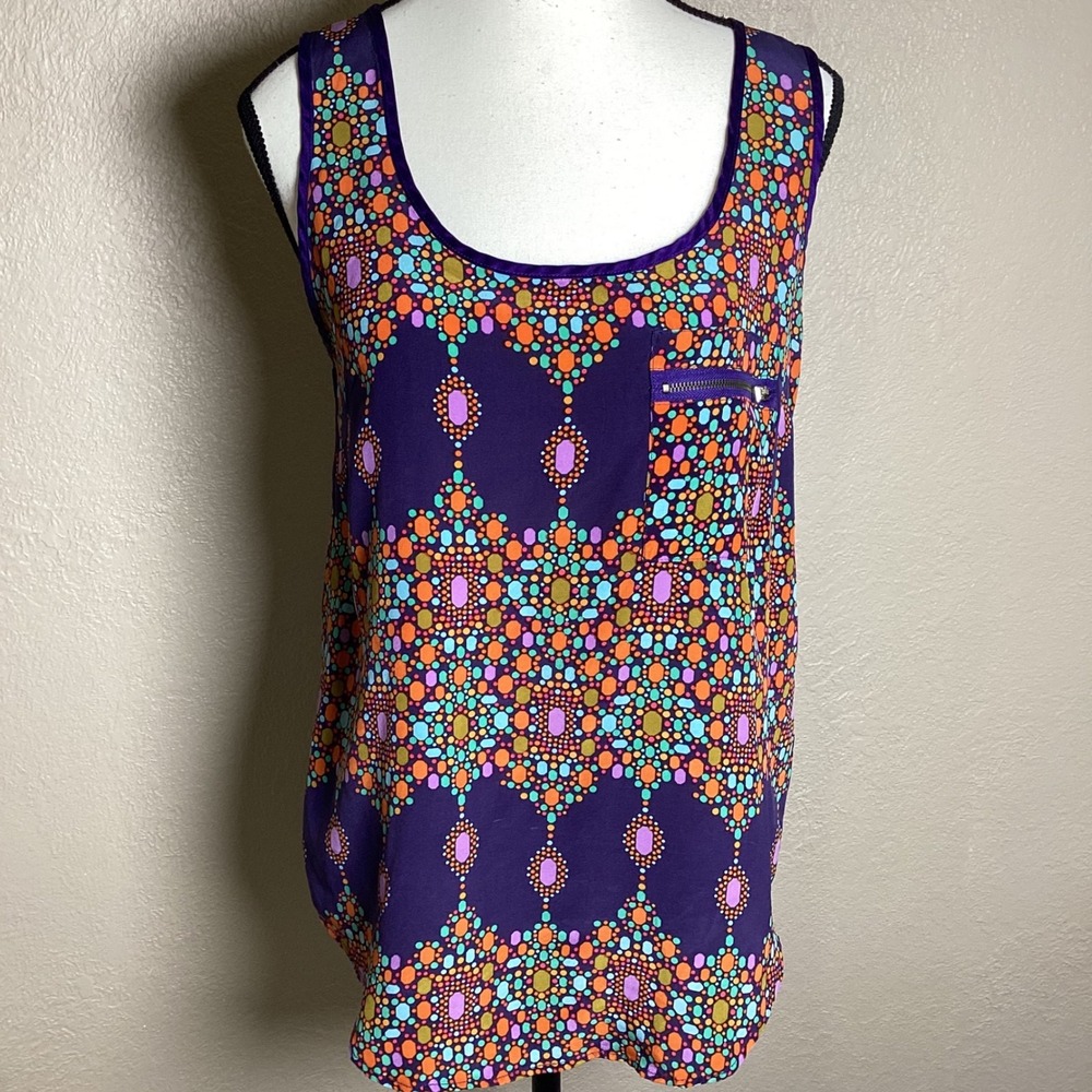 Jaloux Women's Purple Mosaic Print 100% Silk Sleeveless Tank Top Medium J13473